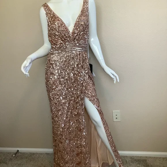 MacDuggal Rose Gold Sequin Evening Gown with Slit and Train - Picture 5 of 14